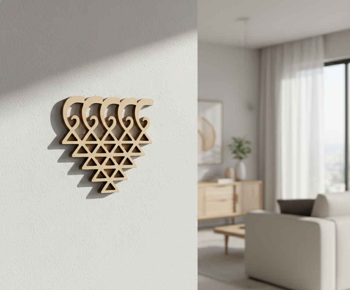 MDF DIY wall art piece on a plain wall with a living room in the background