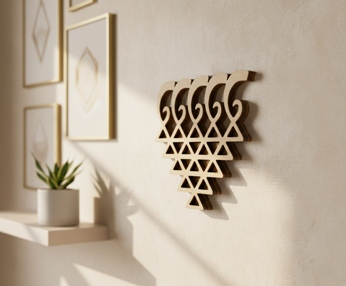 MDF DIY  wall art with geometric pattern on a neutral wall with framed pictures and a plant.