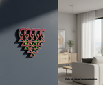 Decorative MDF DIY wall art on a gray wall with a living room in the background