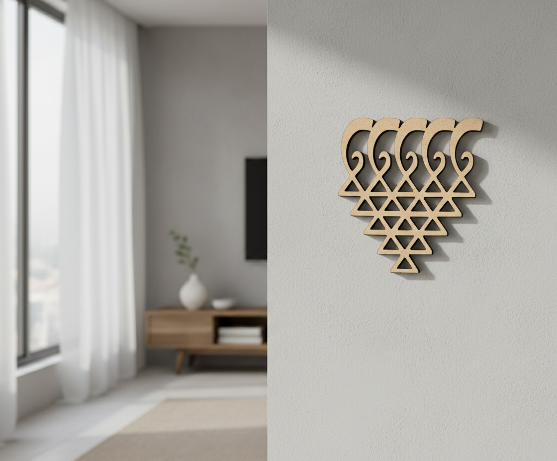 MDF DIY wall art with geometric design on a gray wall in a modern room.