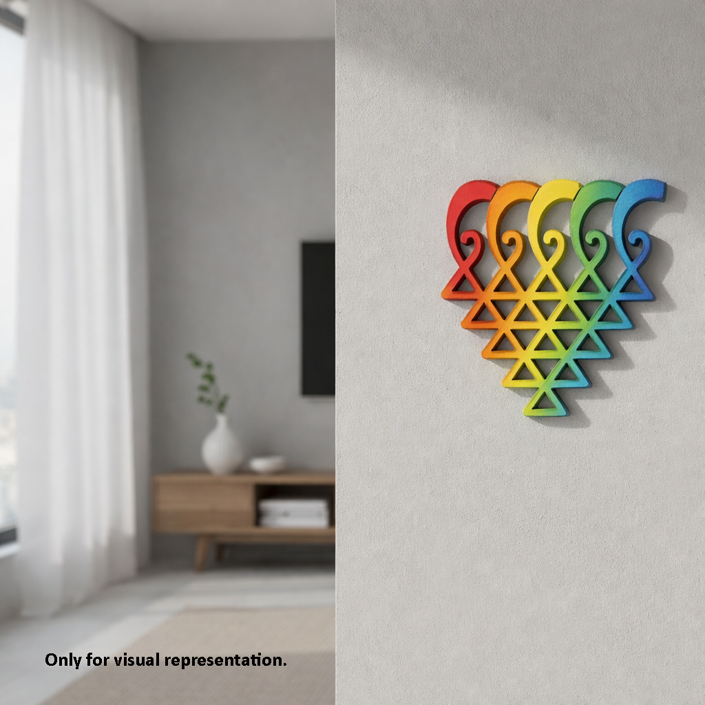 Colorful MDF DIY wall art in the shape of a heart with interlocking hearts on a gray wall.