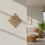 Decorative MDF DIY kolam wall piece on a plain wall with a blurred living room in the background