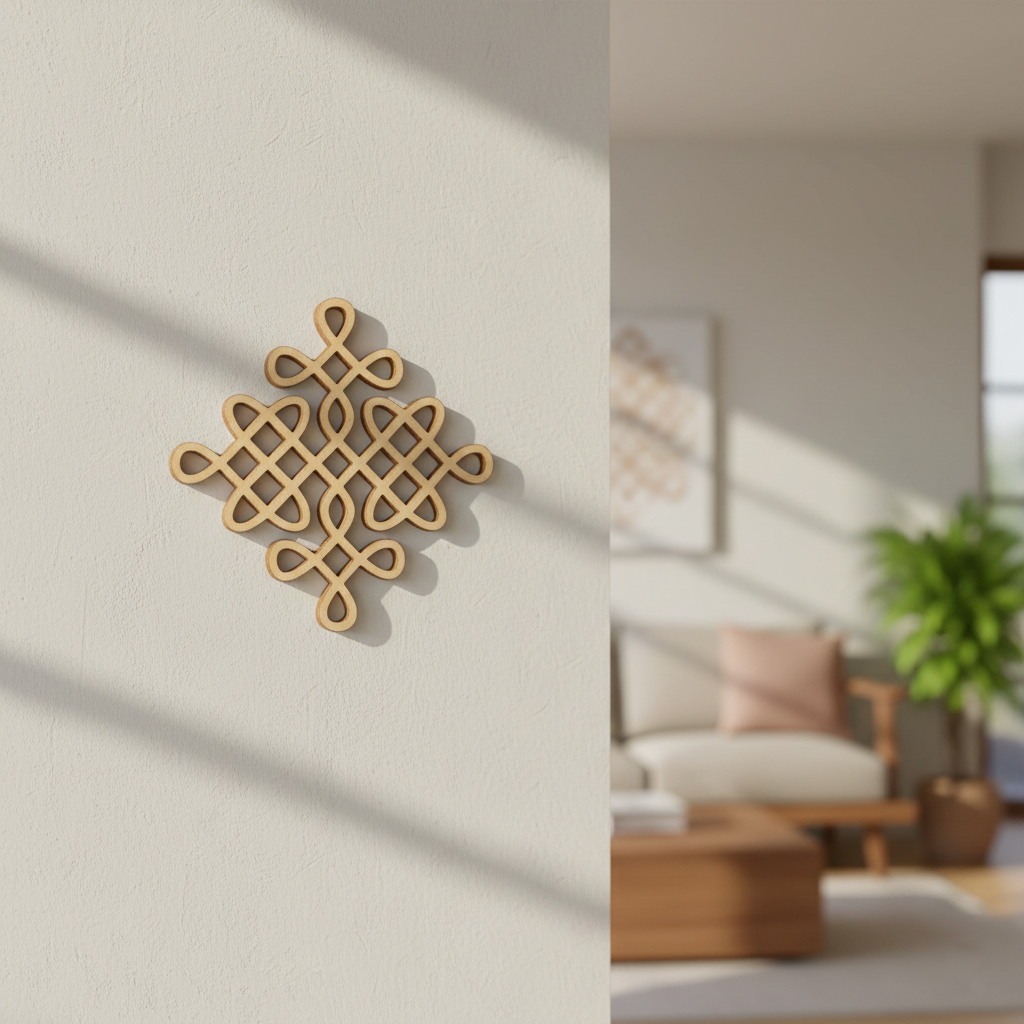 Decorative MDF DIY kolam wall piece on a plain wall with a blurred living room in the background
