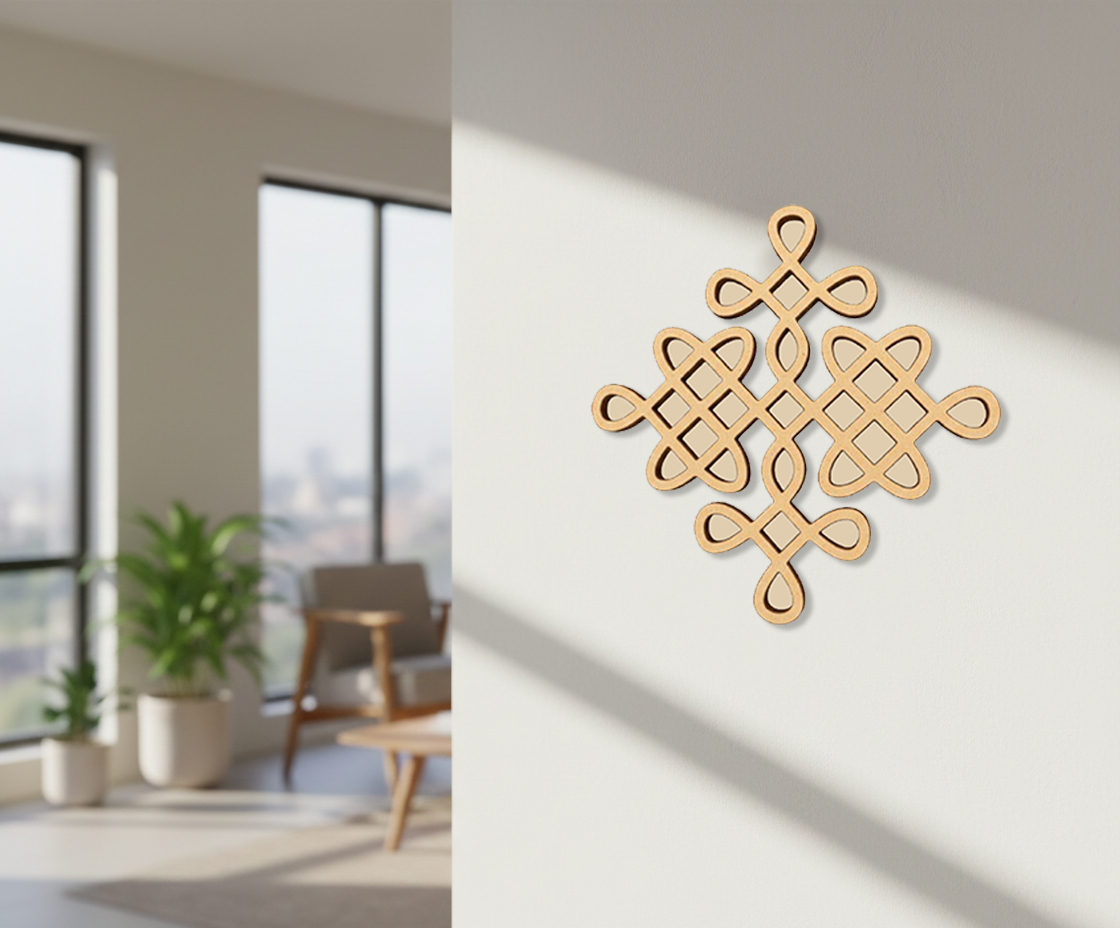 Decorative MDF DIY wall piece with Celtic knot design in a modern room.