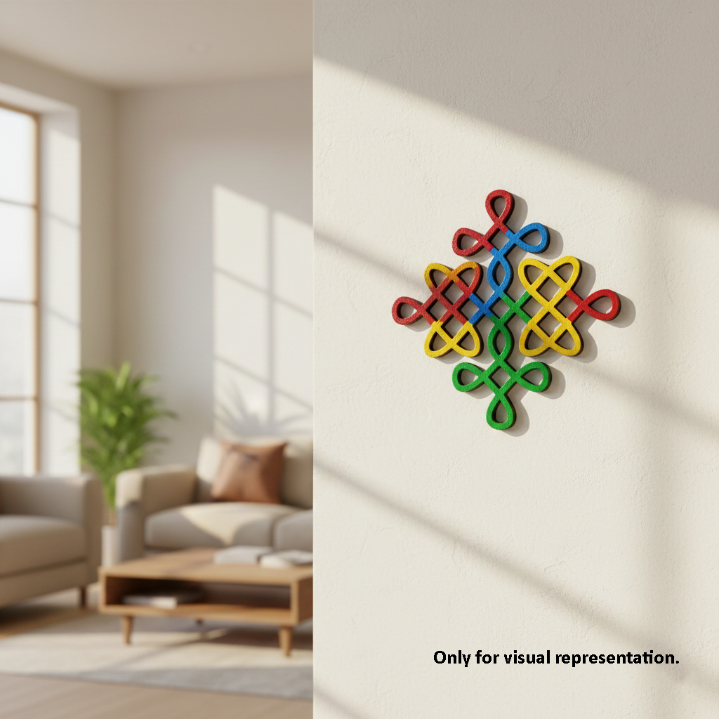 Decorative MDF DIY wall piece with colorful interlocking patterns in a living room setting.
