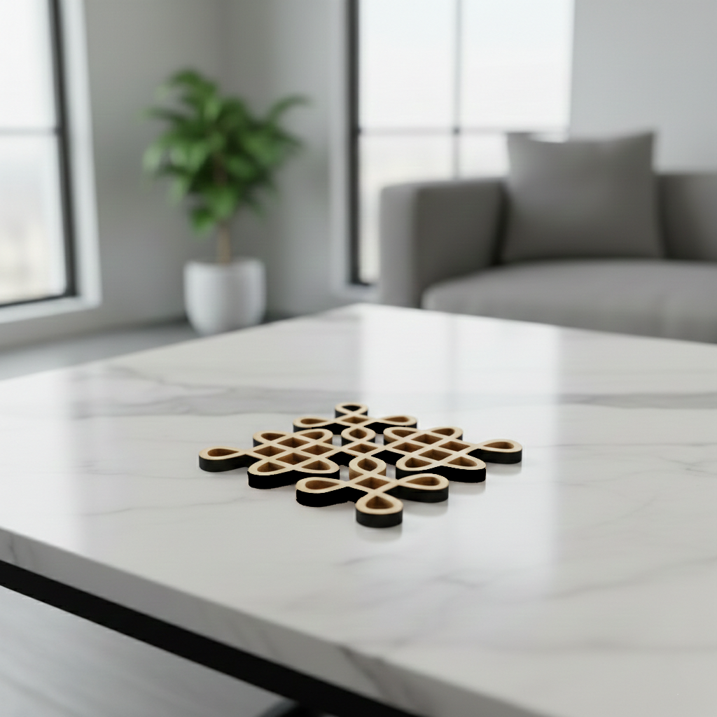 Decorative MDF DIY  on a marble table in a modern living room.