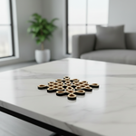 Decorative MDF DIY  on a marble table in a modern living room.