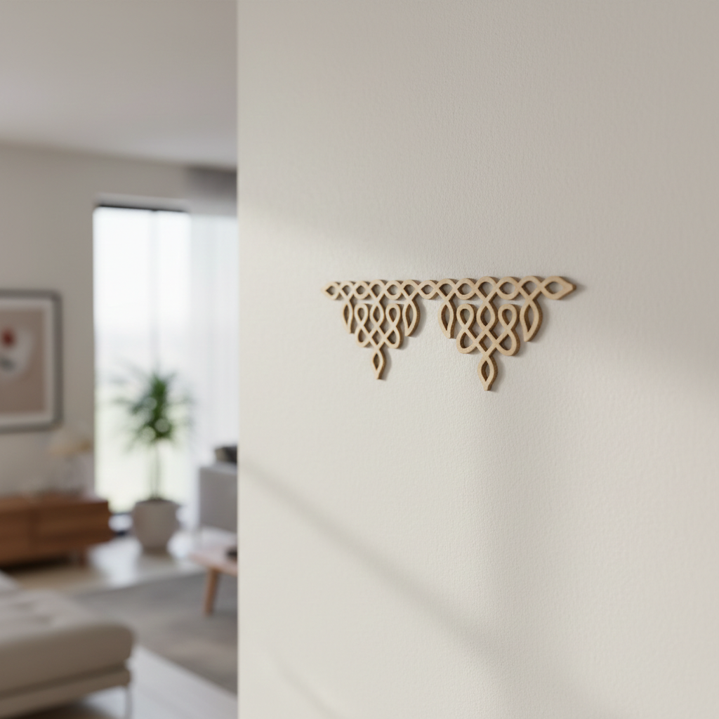 Decorative MDF DIY wall piece on a plain wall with a blurred living room in the background