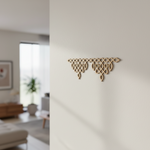 Decorative MDF DIY wall piece on a plain wall with a blurred living room in the background