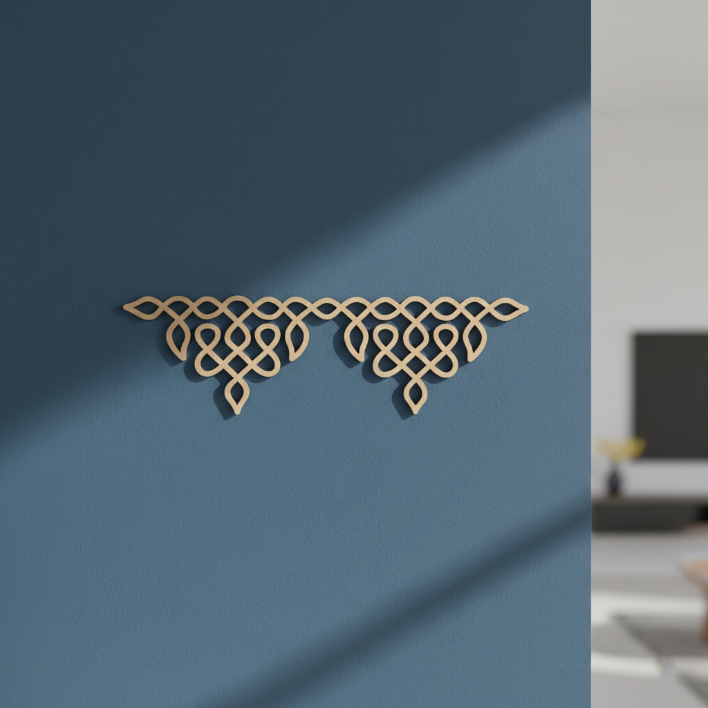 Decorative MDF DIY wall art with geometric pattern on a blue wall