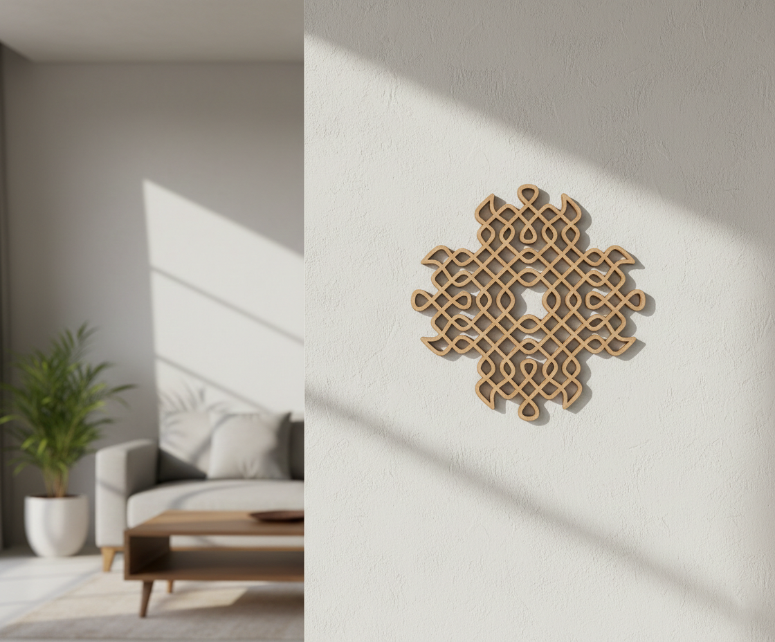 Decorative MDF DIY wall art on a white wall with a living room in the background