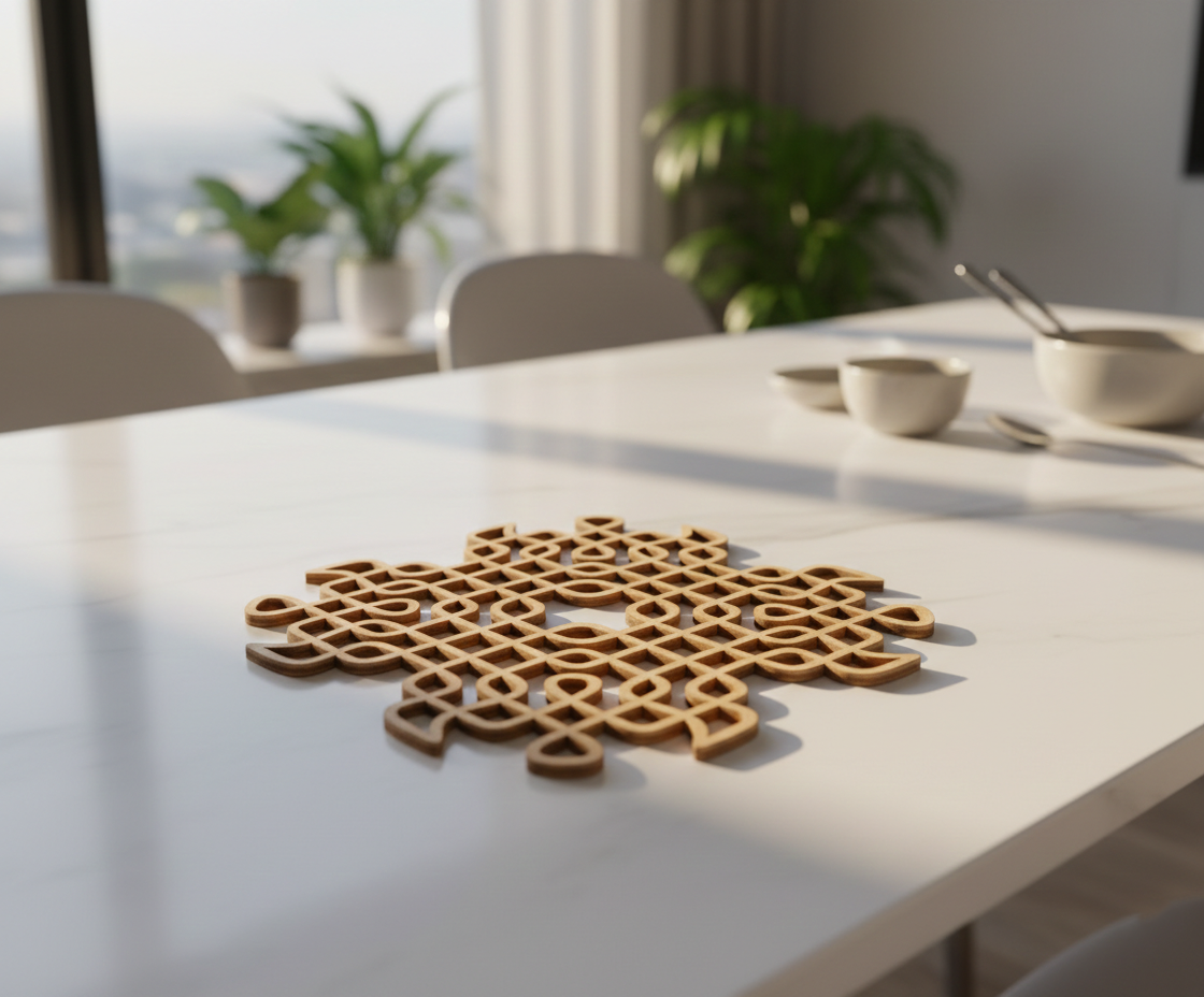 MDF DIY decorative item on a white table with a blurred indoor background