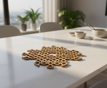 MDF DIY decorative item on a white table with a blurred indoor background