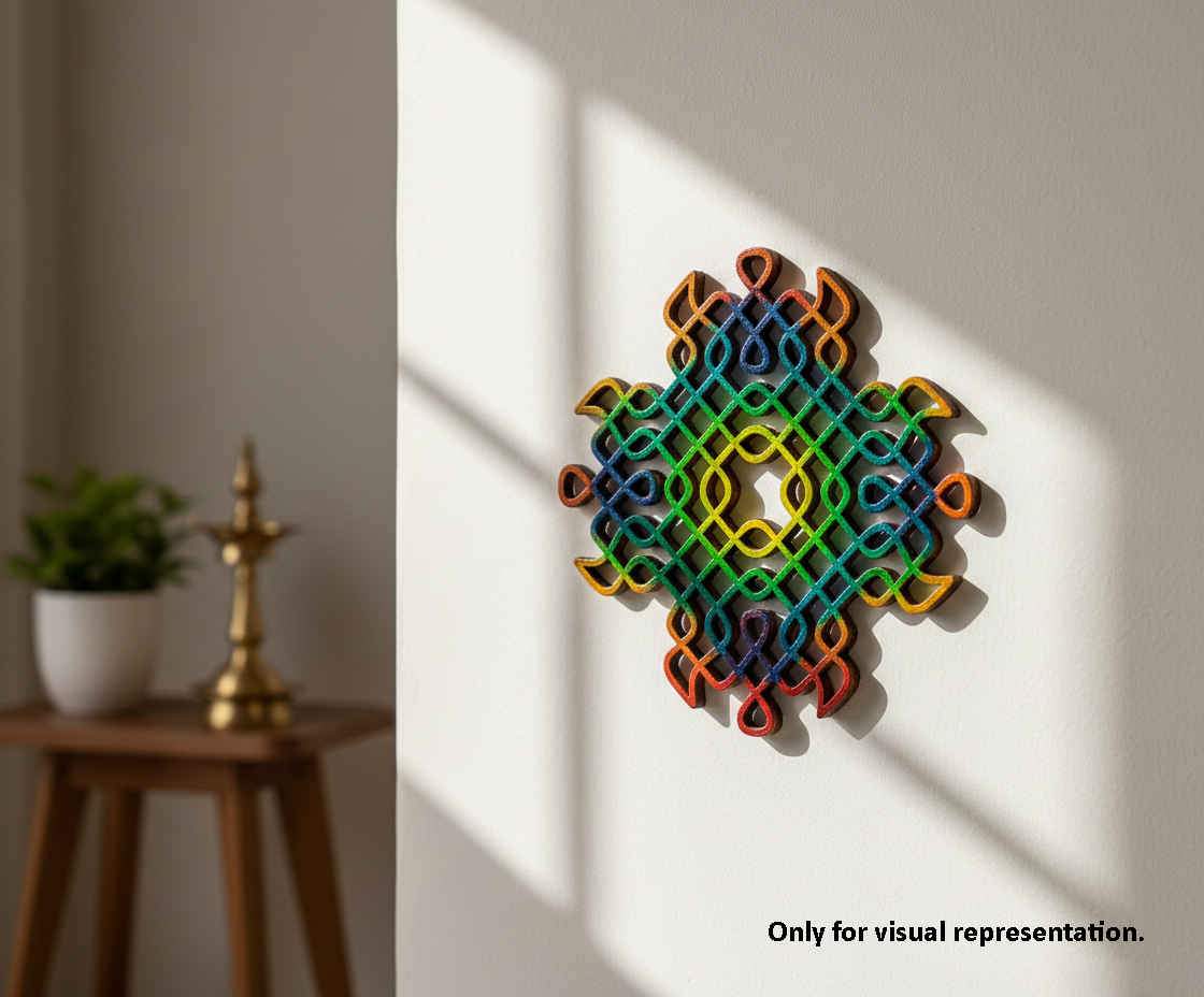 Colorful geometric MDF DIY wall art on a white wall with a plant and small table in the background.