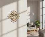 Decorative MDF DIY wall piece on a white wall with a living room in the background