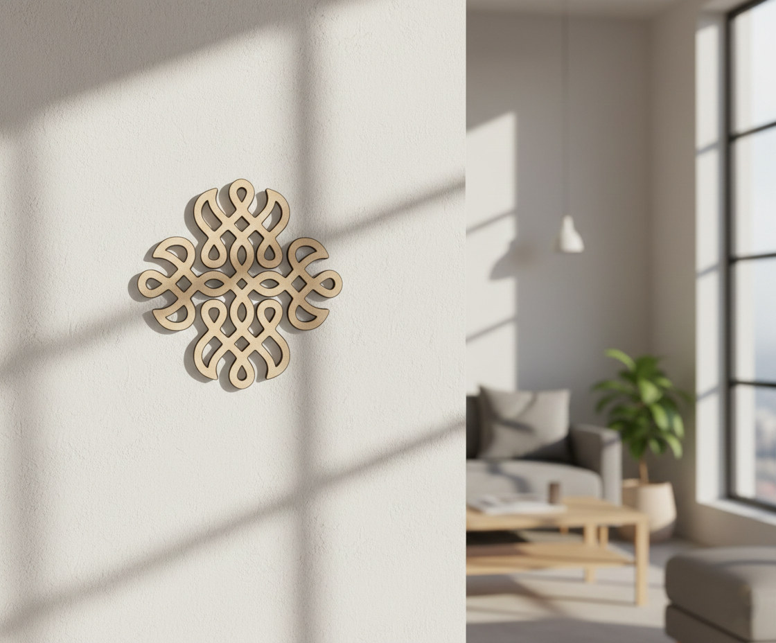 Decorative MDF DIY wall piece on a white wall with a living room in the background