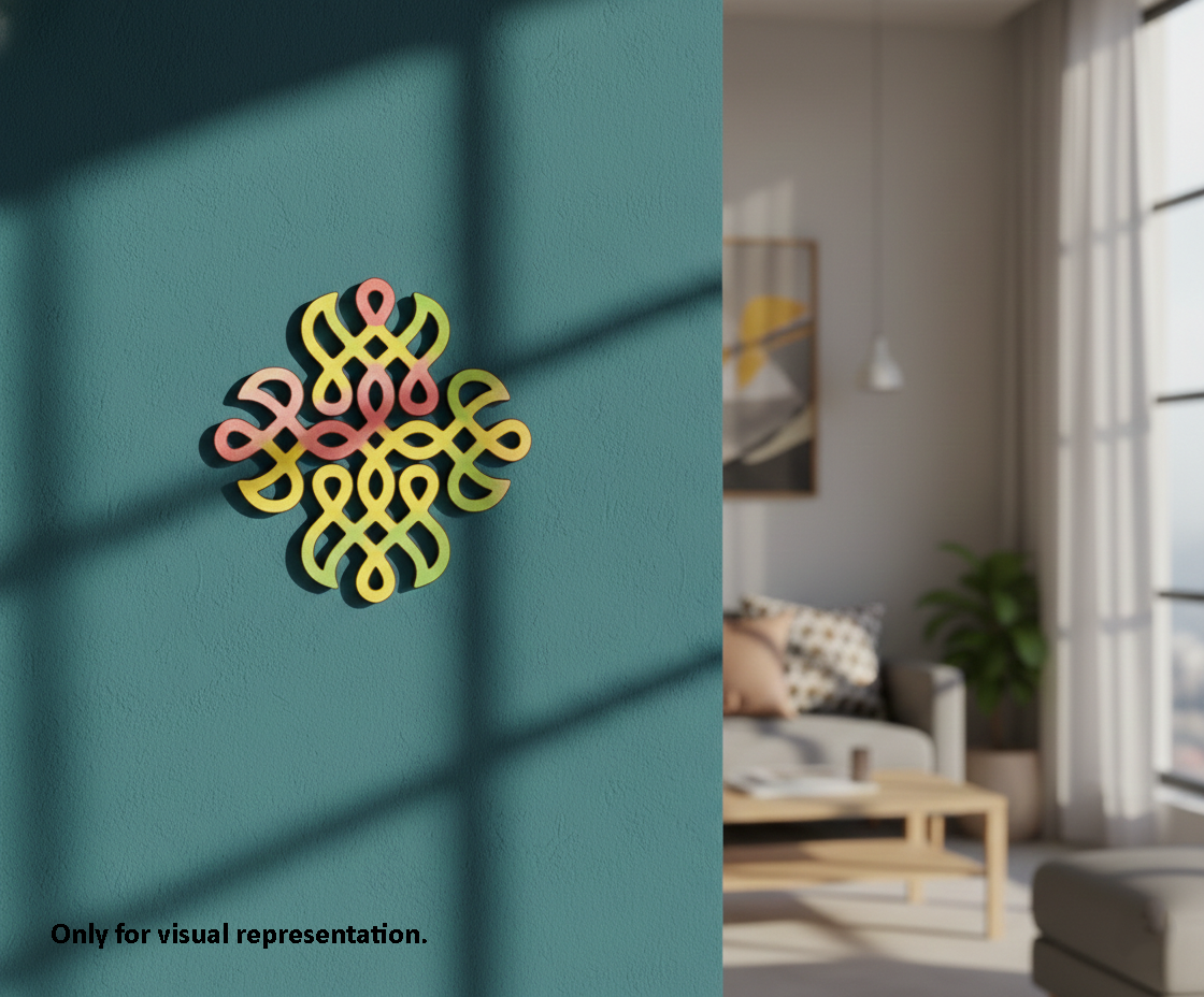 Decorative MDF DIY wall art on a teal wall with a living room in the background