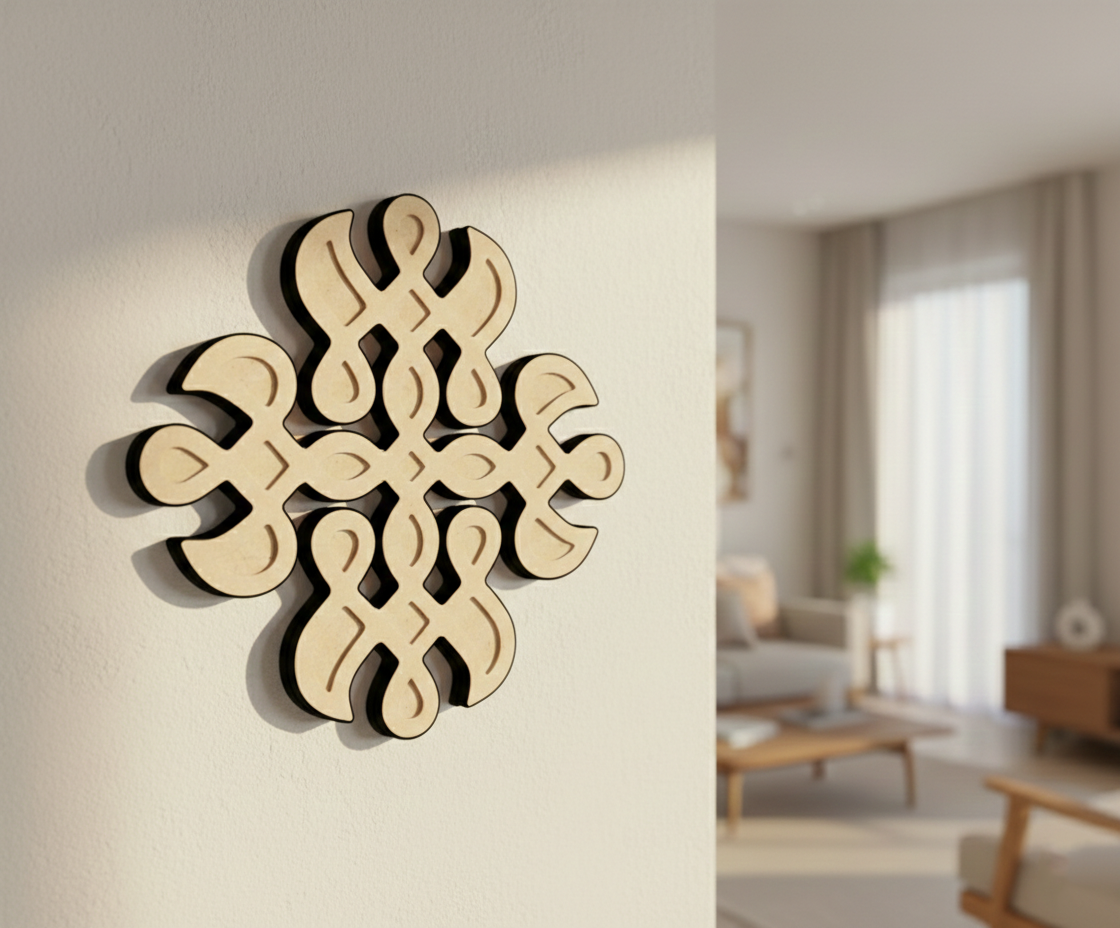 Decorative MDF DIY wall piece with intricate design on a neutral wall in a living room setting.