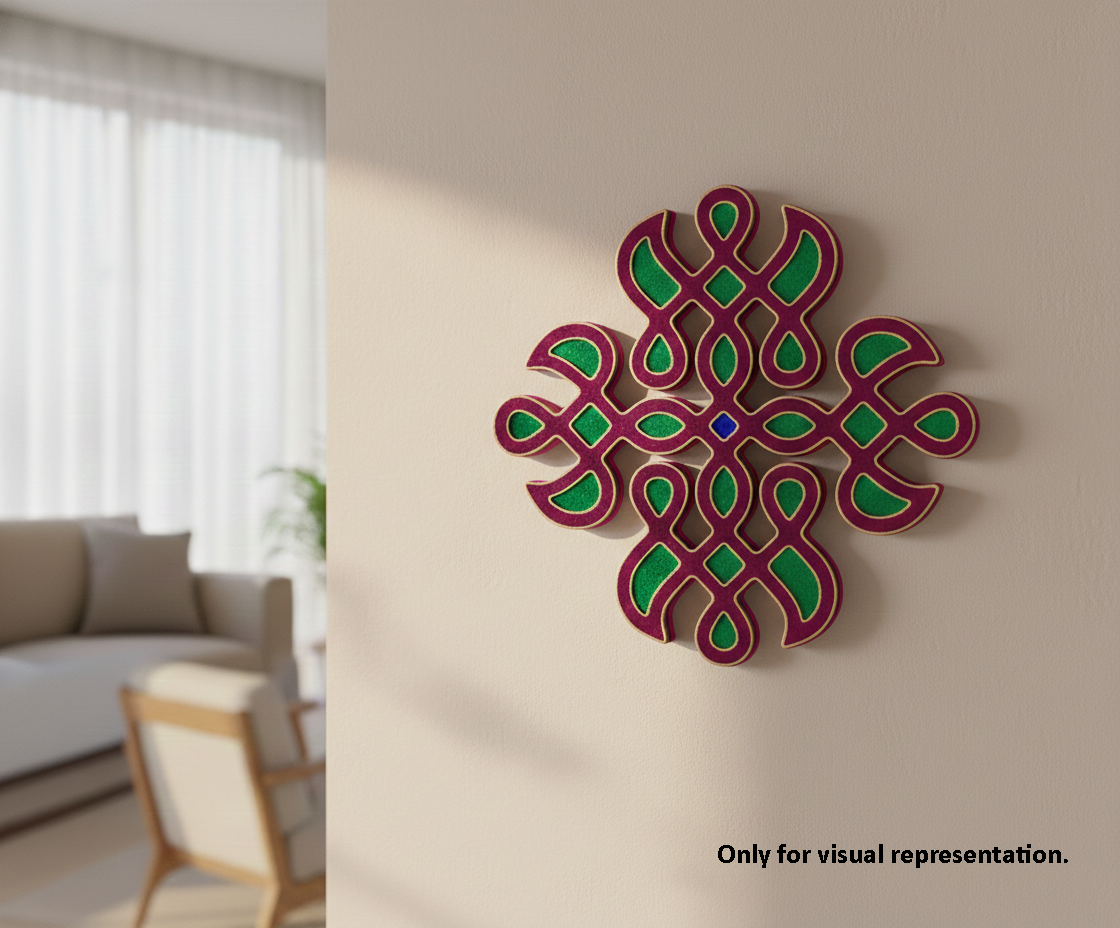 Decorative MDF DIY wall piece with green and red patterns on a beige wall.