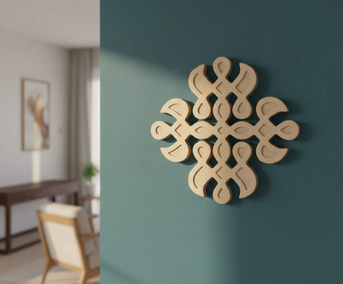 Decorative MDF DIY wall piece on a teal wall with a blurred room background