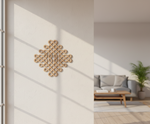 Decorative MDF DIY wall piece on a white wall with a living room in the background