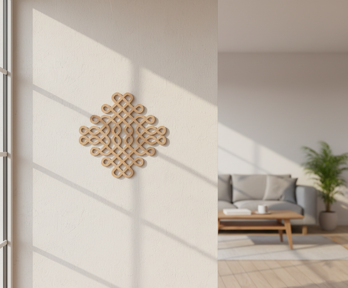 Decorative MDF DIY wall piece on a white wall with a living room in the background