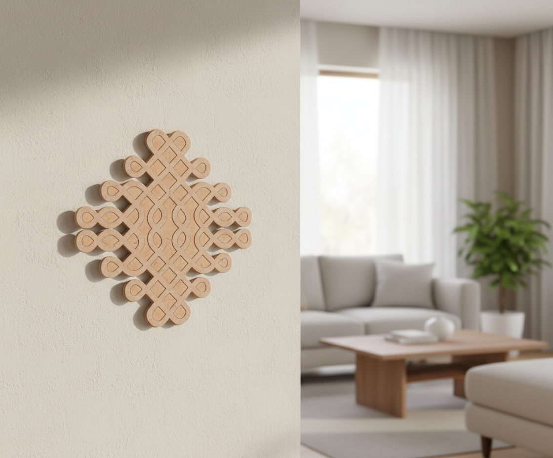 Decorative MDF DIY wall piece on a plain wall with a living room in the background