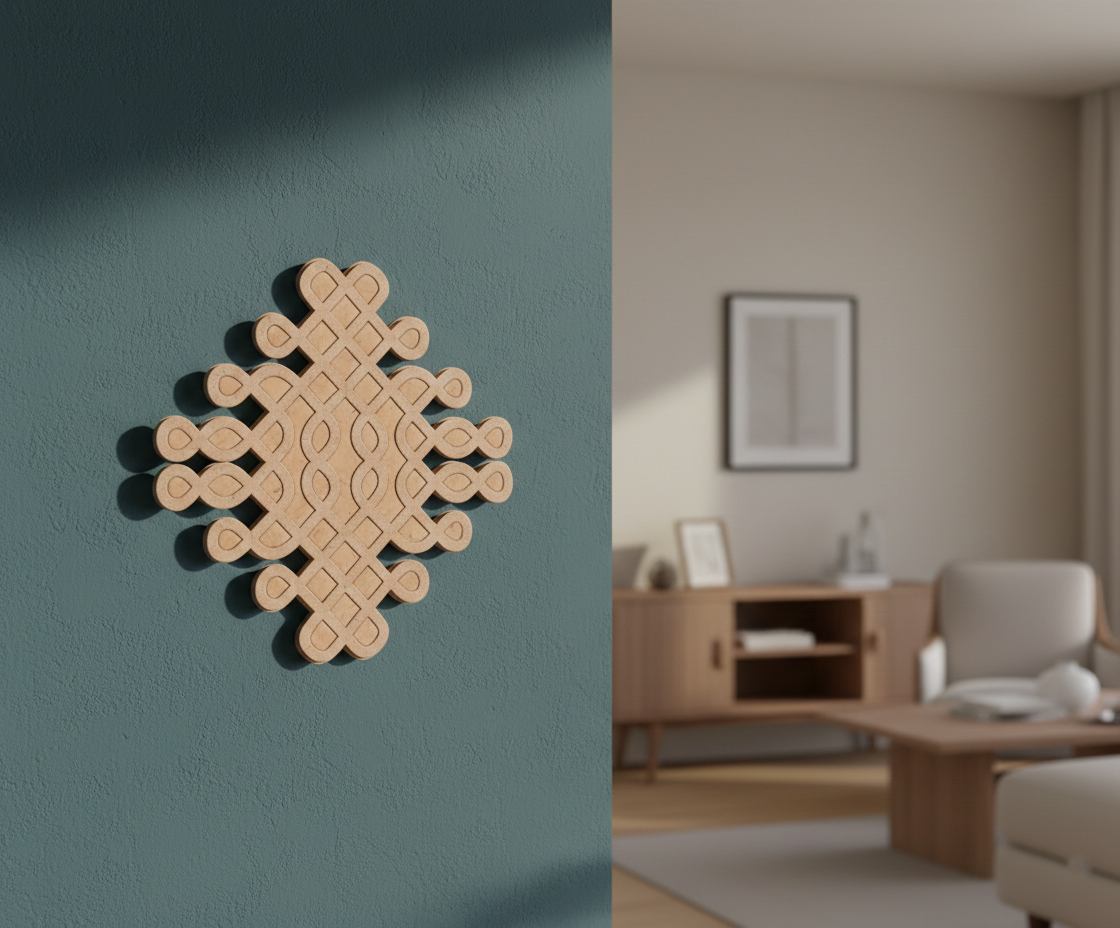 Decorative MDF DIY wall art on a teal wall with a blurred living room in the background