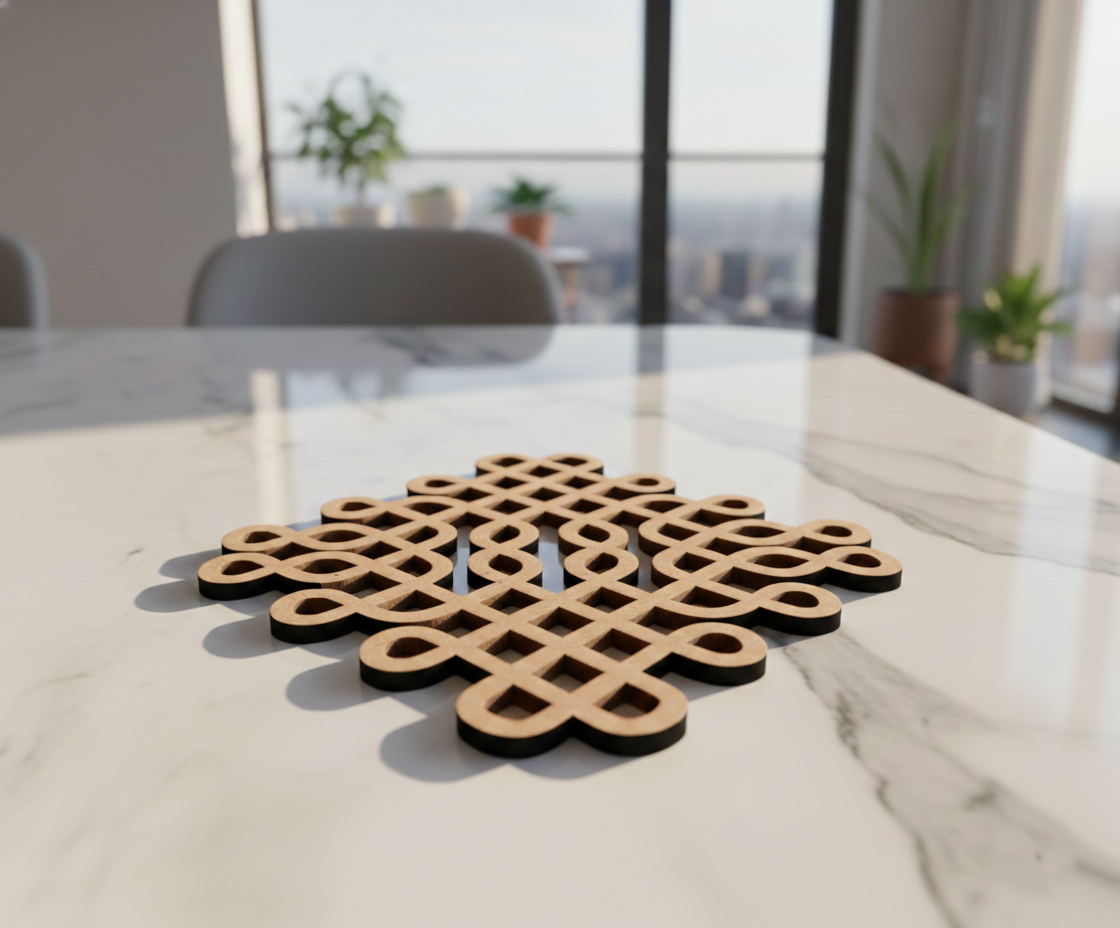 Wooden MDF DIY wall art  on a marble table with a cityscape view