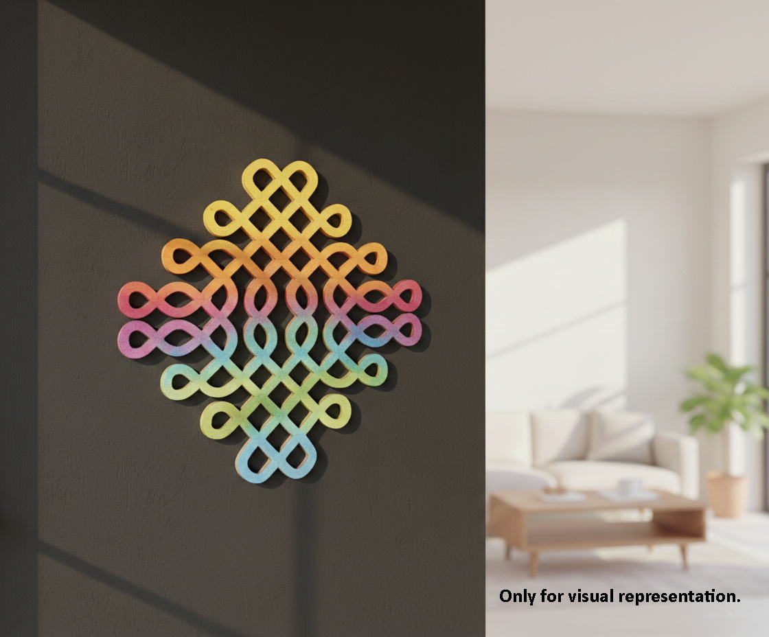 Colorful geometric MDF DIY wall art on a dark wall with a living room background.
