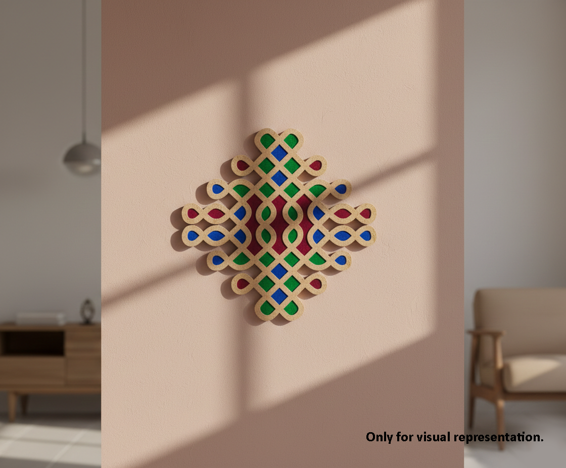 Decorative MDF DIY wall art with colorful geometric pattern on a beige wall.