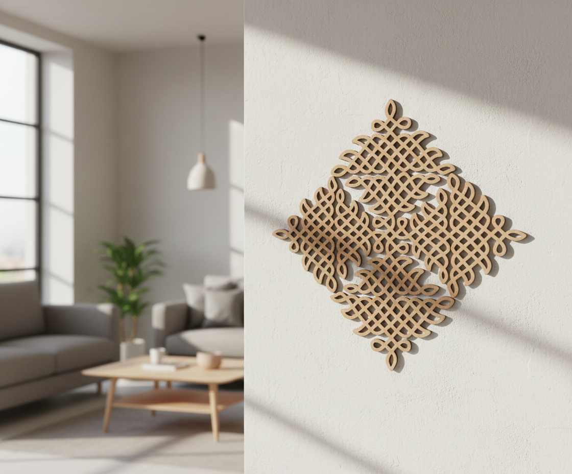 Decorative MDF DIY kolam art wall panel on a white wall with a living room in the background