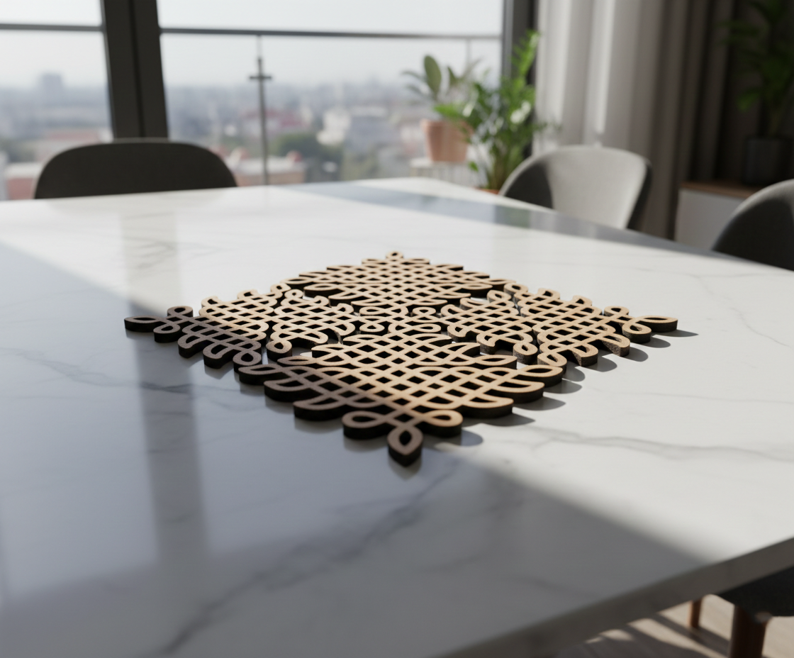 MDF DIY kolam art  on a marble table with a cityscape view through large windows.