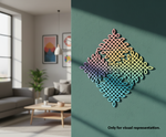 Colorful geometric MDF DIY wall art on a teal wall next to a living room with modern decor.