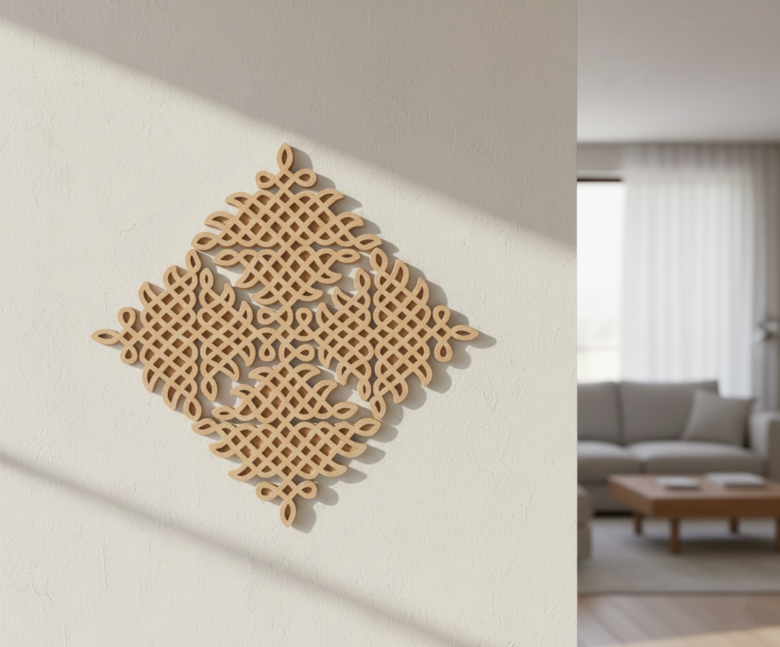 Decorative MDF DIY kolam  wall art  on a plain wall with a living room in the background