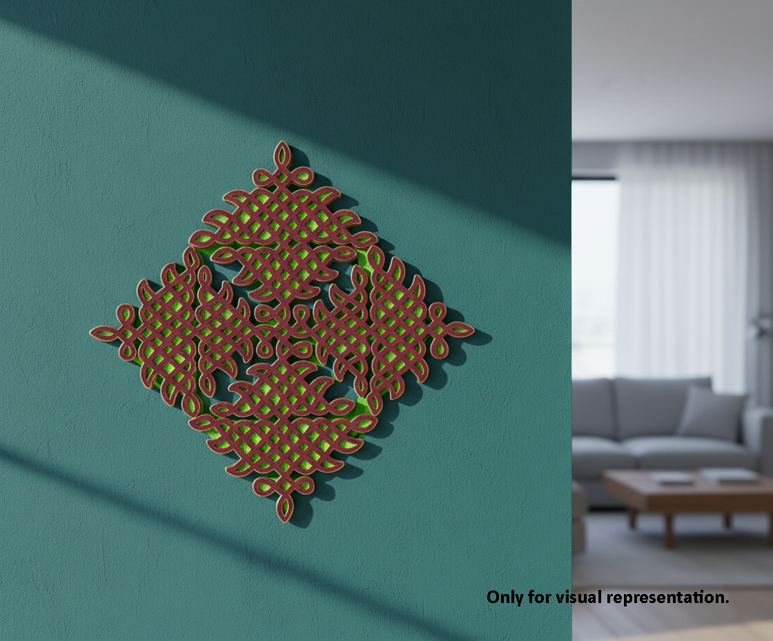Decorative MDF DIY wall art on a teal wall with a living room in the background