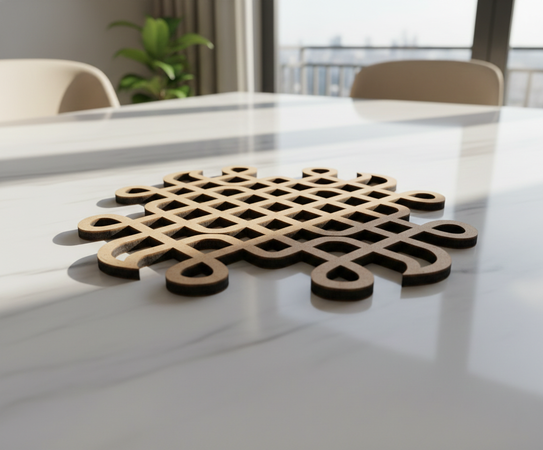 MDF DIY kolam art  on a white table with a blurred office background