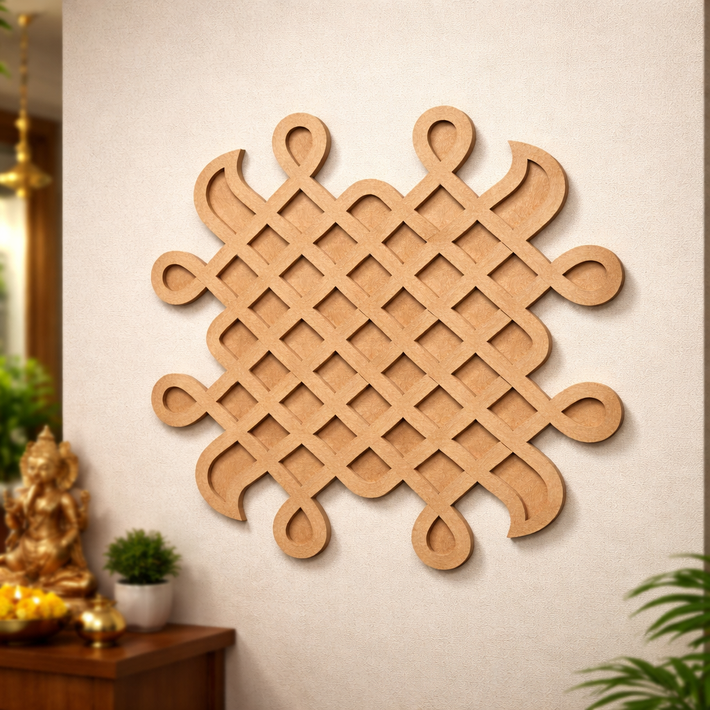 Decorative MDF DIY wall art on a beige wall with a small table and plants in the foreground.