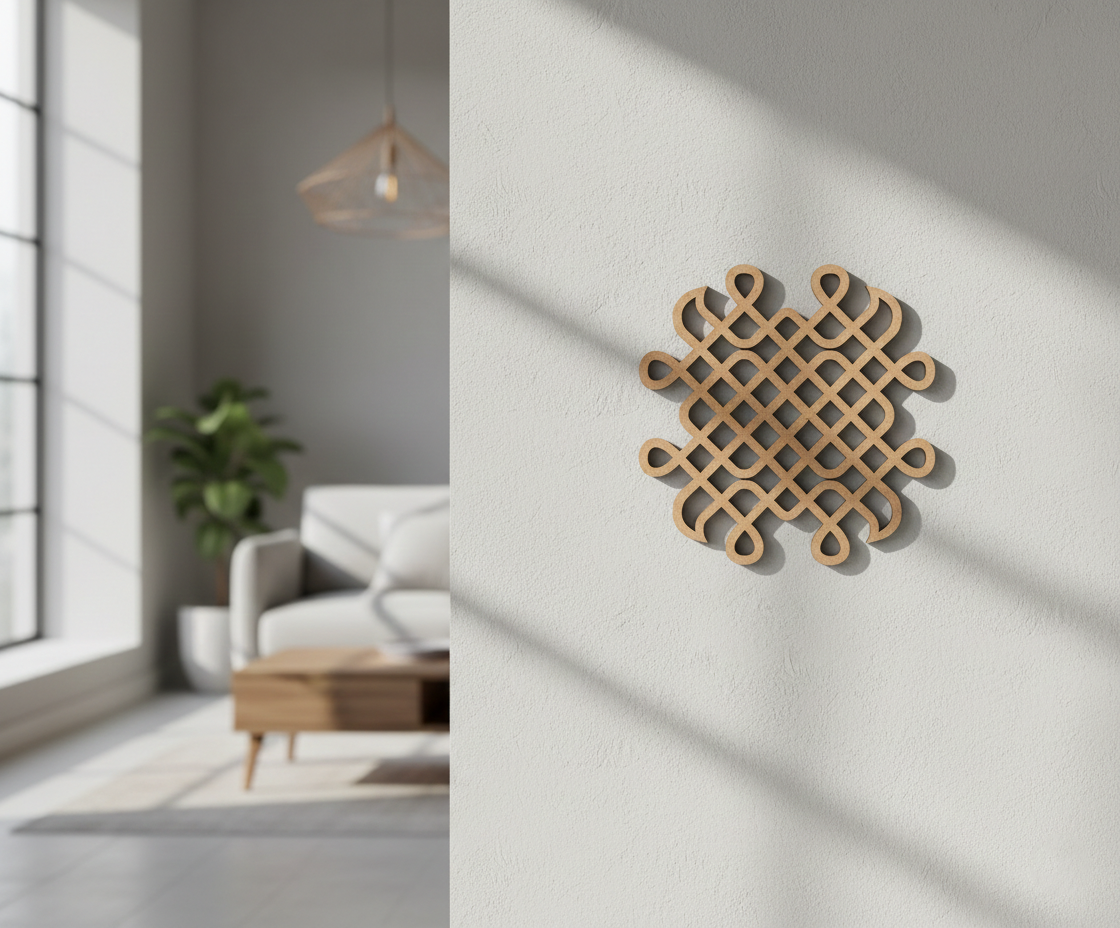 Decorative MDF DIY wall art on a light gray wall with a modern living room in the background