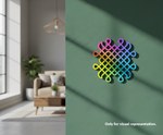 Living room with a colorful geometric logo on a green wall, labeled 'Only for visual representation'.