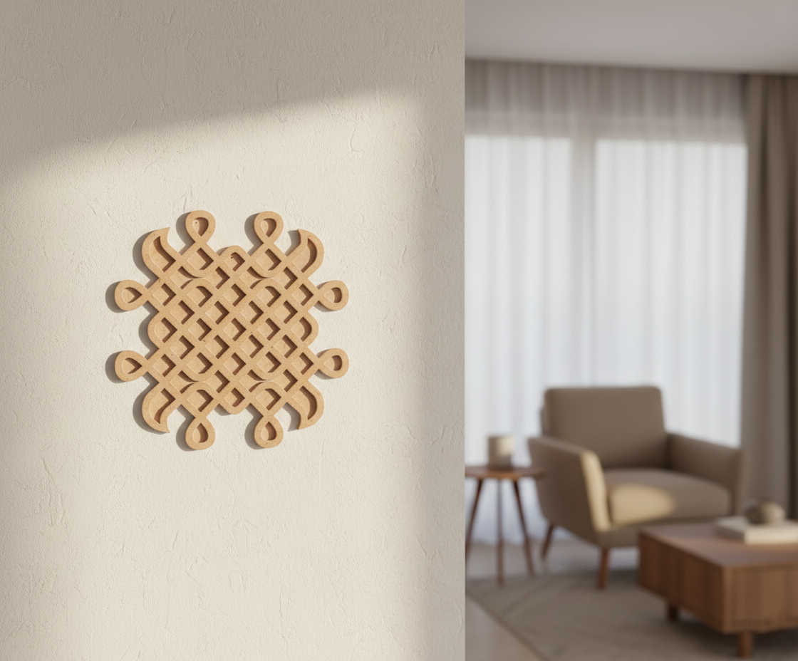 Decorative MDF DIY wall piece on a plain wall with a blurred living room in the background