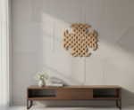 MDF DIY wall art with a geometric pattern on a light gray wall above a wooden console table.