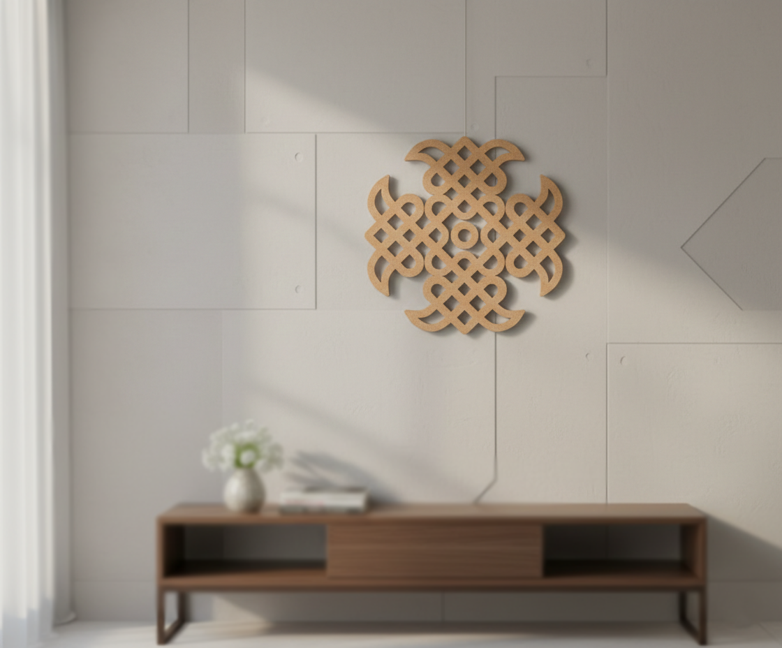 MDF DIY wall art with a geometric pattern on a light gray wall above a wooden console table.