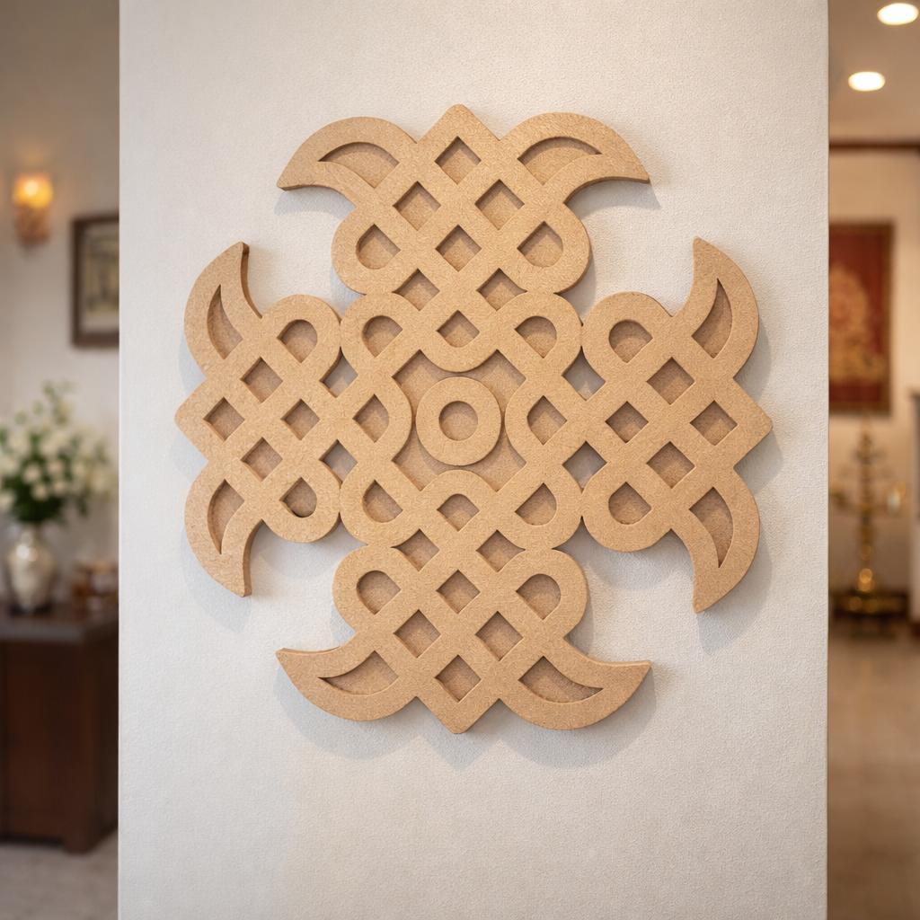 Decorative MDF DIY wall art with intricate patterns on a plain wall.