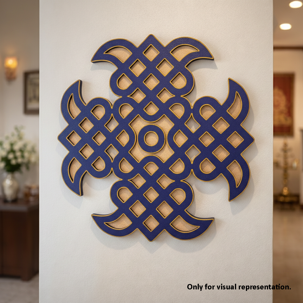 Decorative MDF DIY wall art with intricate blue and beige pattern on a plain background