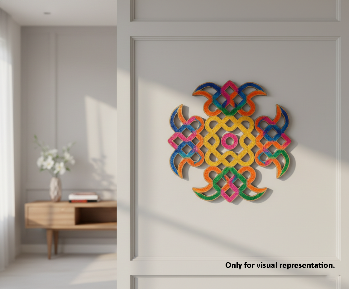 Colorful geometric MDF DIY wall art on a neutral wall with a blurred room background