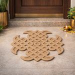 Decorative MDF DIY flor art  with intricate patterns on a stone floor in front of a wooden door.
