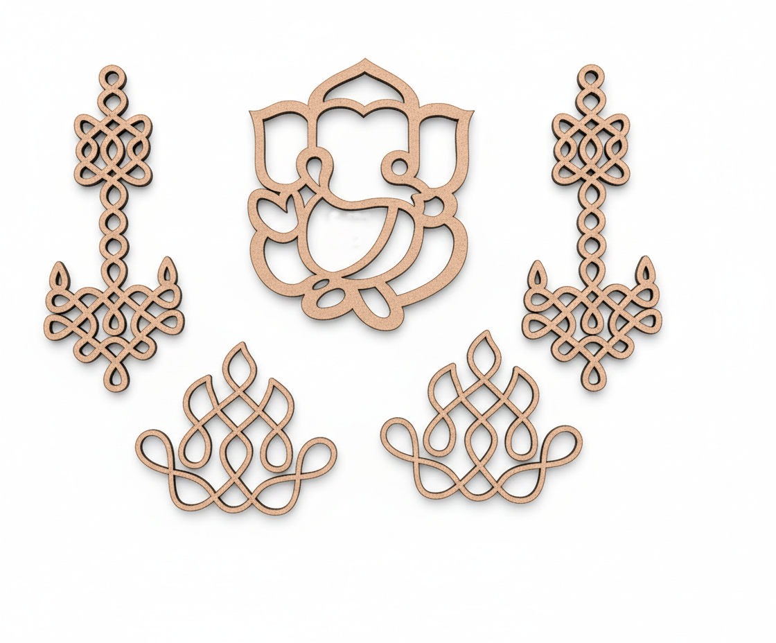 Set of five decorative MDF DIY cutouts with intricate Celtic knot patterns on a white background.