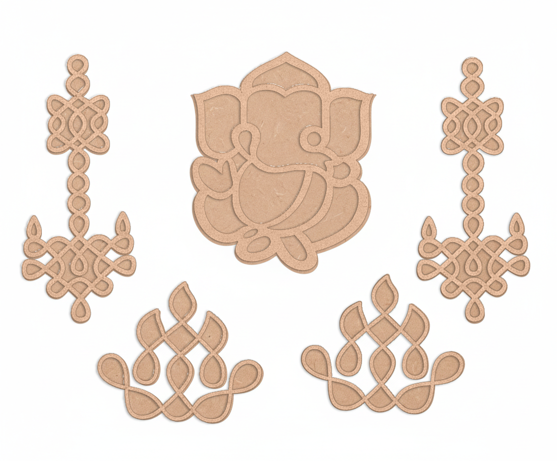 Set of decorative MDF DIY cutouts with intricate patterns on a white background