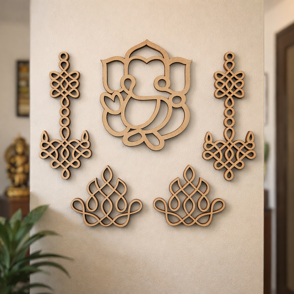 Set of MDF DIY wall decorations with intricate patterns on a beige wall.